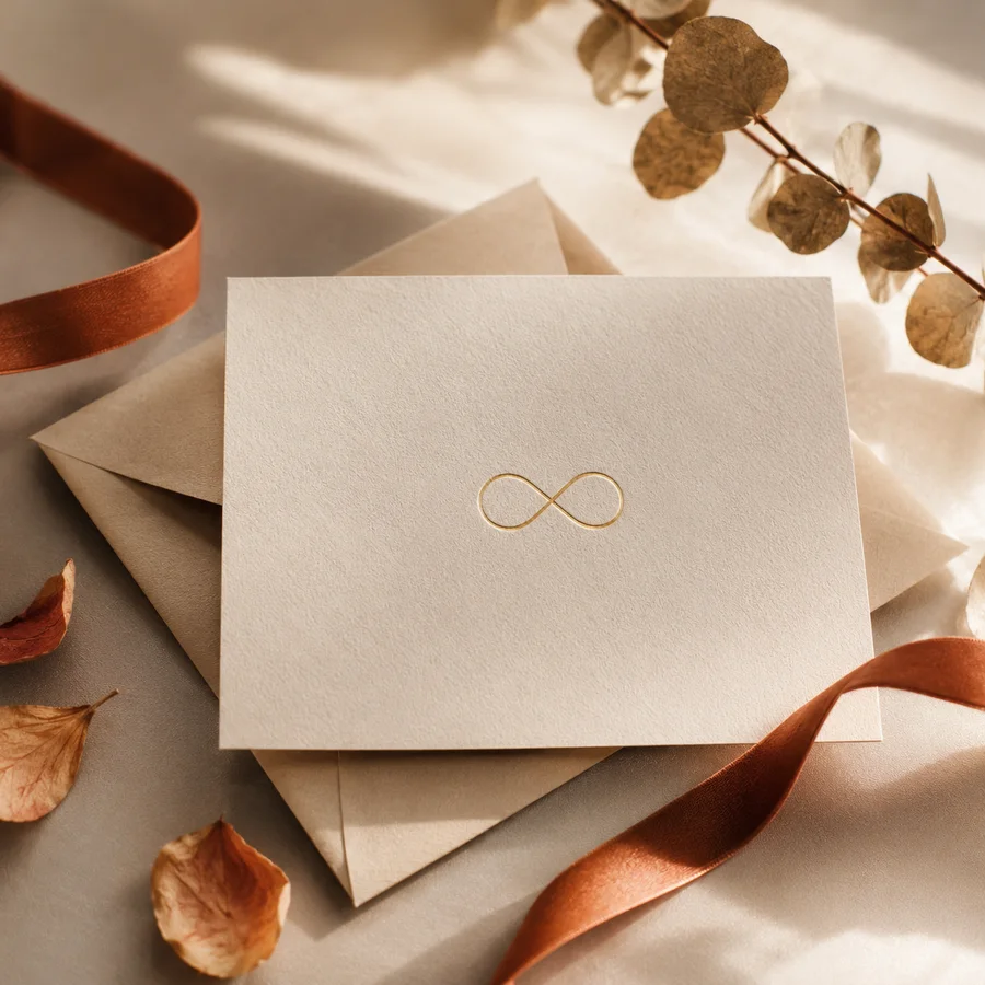 Carte cadeau Meastoria crème avec symbole infini doré embossé, ruban terracotta