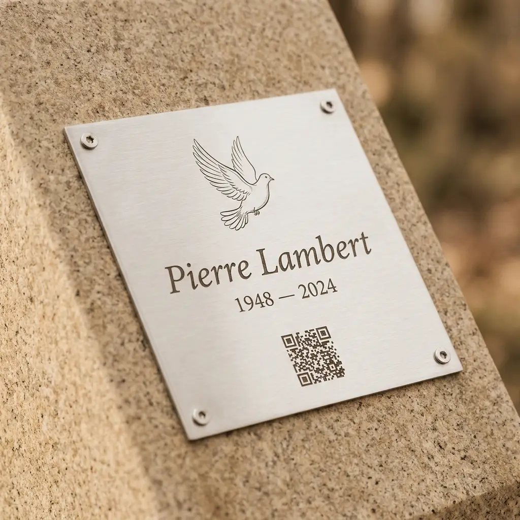Exemple de plaque inox 10 × 10 cm personnalisée : motif gravé, texte et QR code